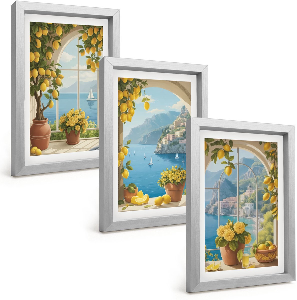 Tulup 4-Delige Schilderij Set - Zeegezichten met Italiaanse citroenen in de ramen. - 20 x 30 cm - Stijlvolle Muurdecoratie - Slaapkamer - Wanddecoratie