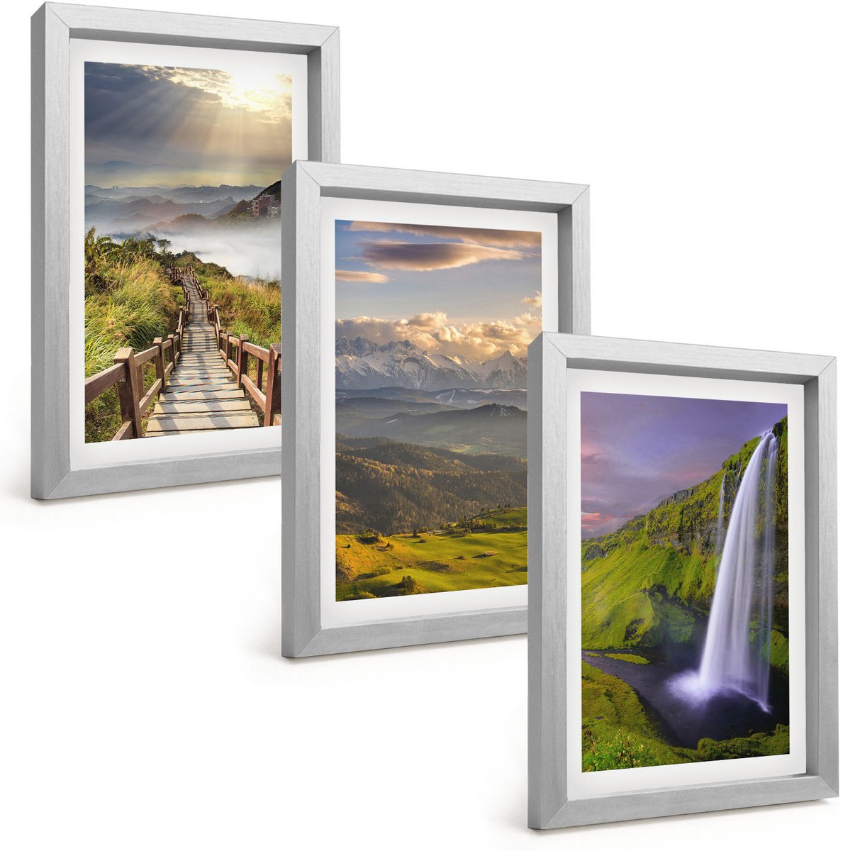 Tulup 4-Delige Schilderij Set - Schilderachtige berglandschappen met een waterval en een pad. - 20 x 30 cm - Wanddecoratie - Woonkamer Decoratie - Decoratieve Schilderijen