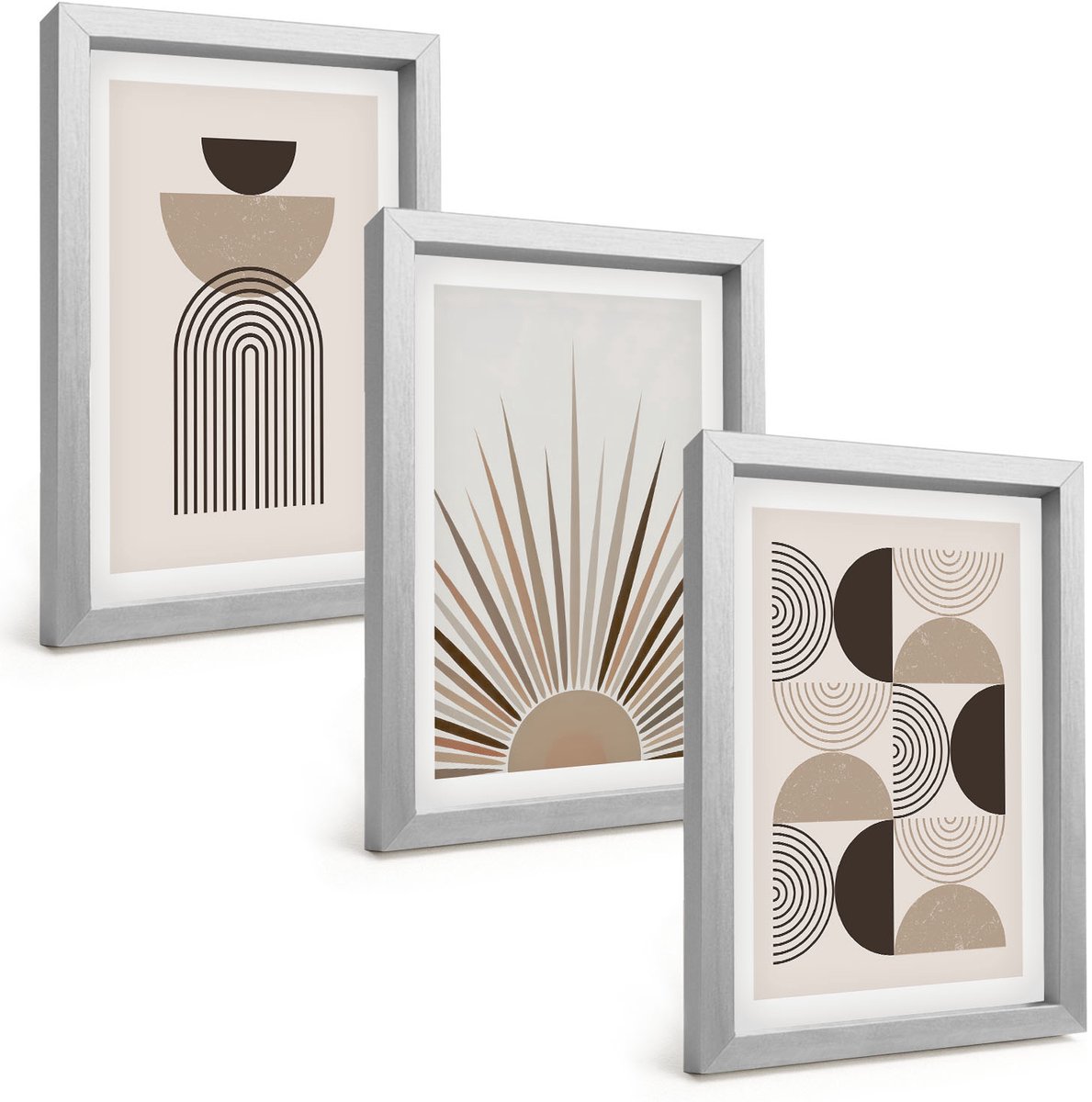 TULUP 4-Delige Schilderij Set - Abstracte vormen in beige en bruine tinten. - 20 x 30 cm - Schilderijen Set - Wanddecoratie - Woonkamer - Stijlvolle Muurdecoratie Zilveren lijst