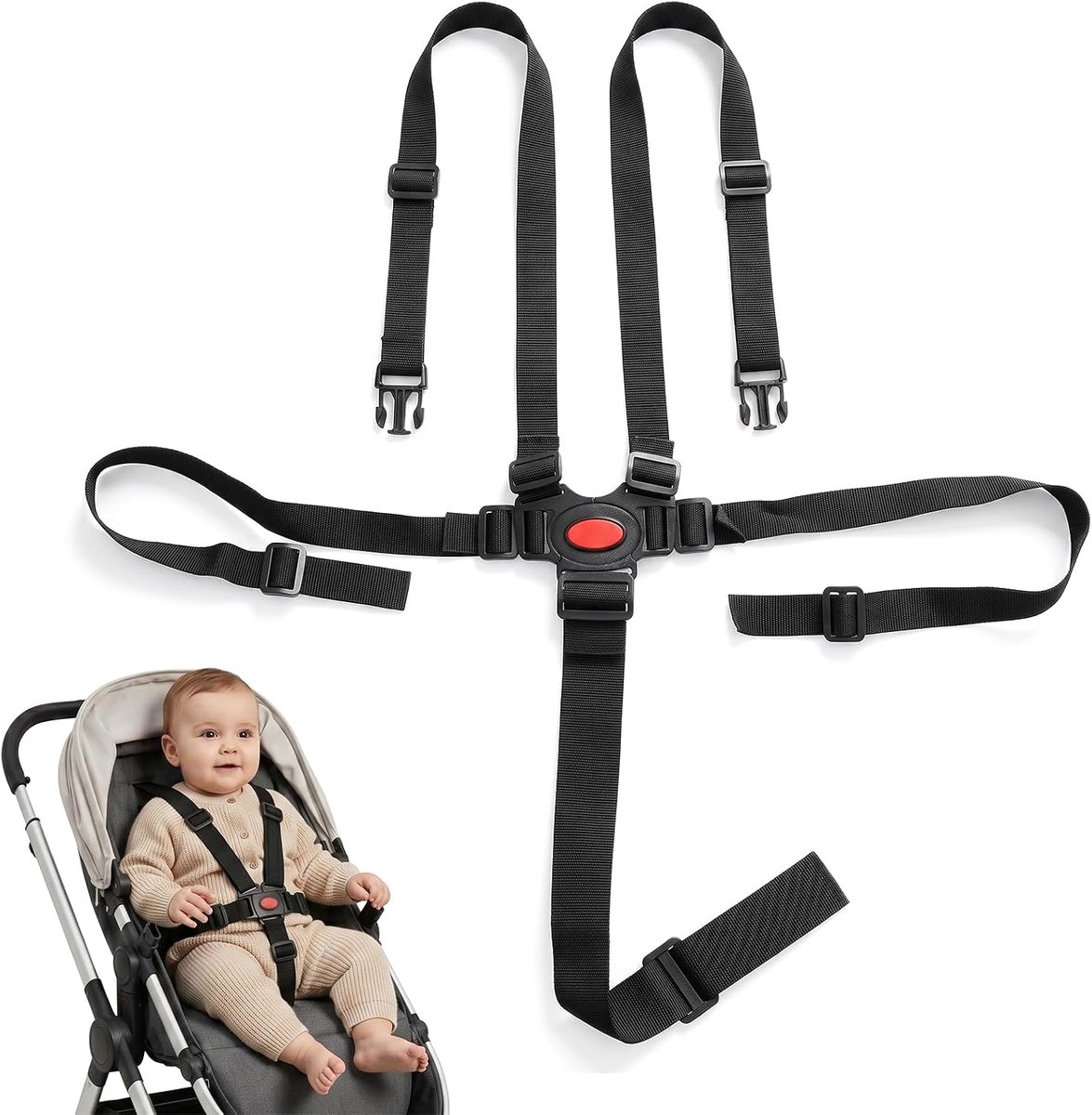 Universele 5-punts veiligheidsgordel voor kinderstoel en kinderwagen, verstelbaar harnas van polyester met rode knop - ShopVlot