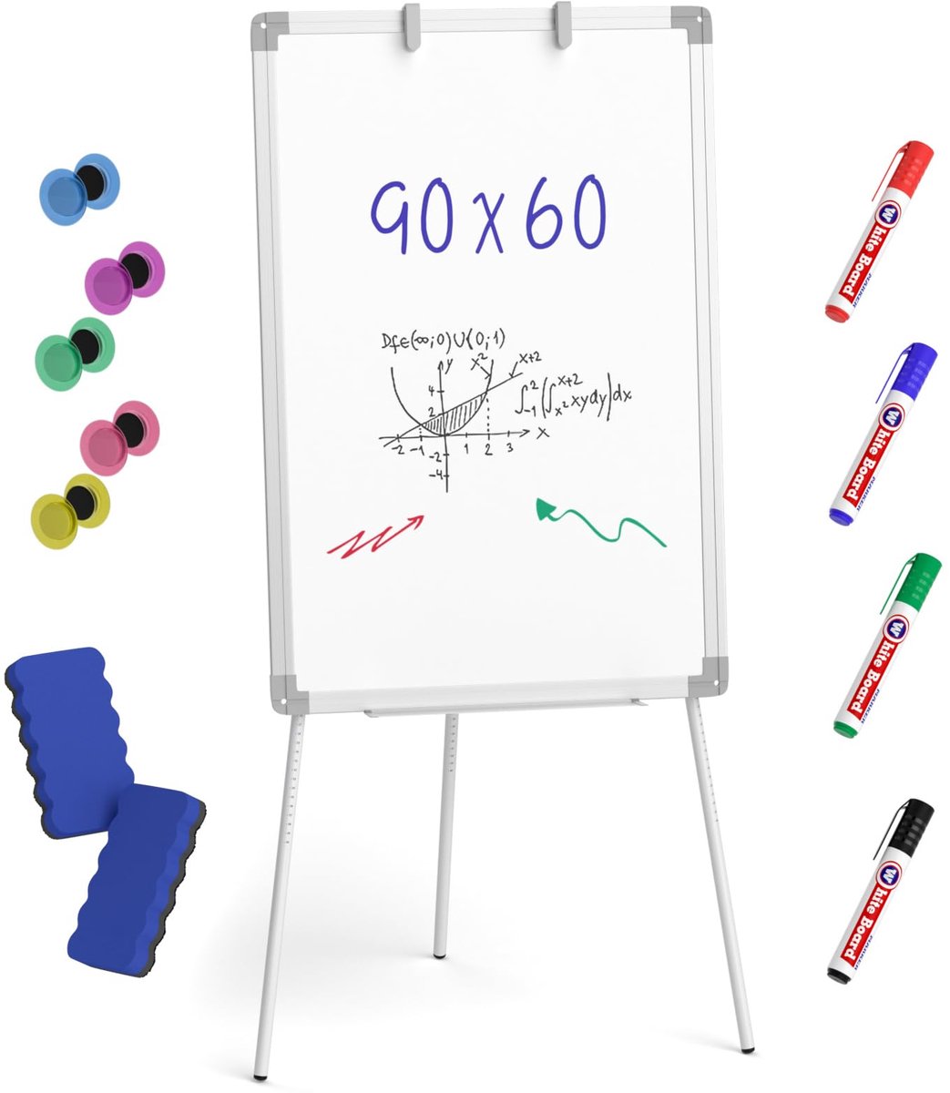 Famanu – Flip-chart whiteboard met standaard, 90 x 60 cm, magnetisch en droog wisbaar, inclusief 4 pennen en gum, hoogte verstelbaar voor studenten