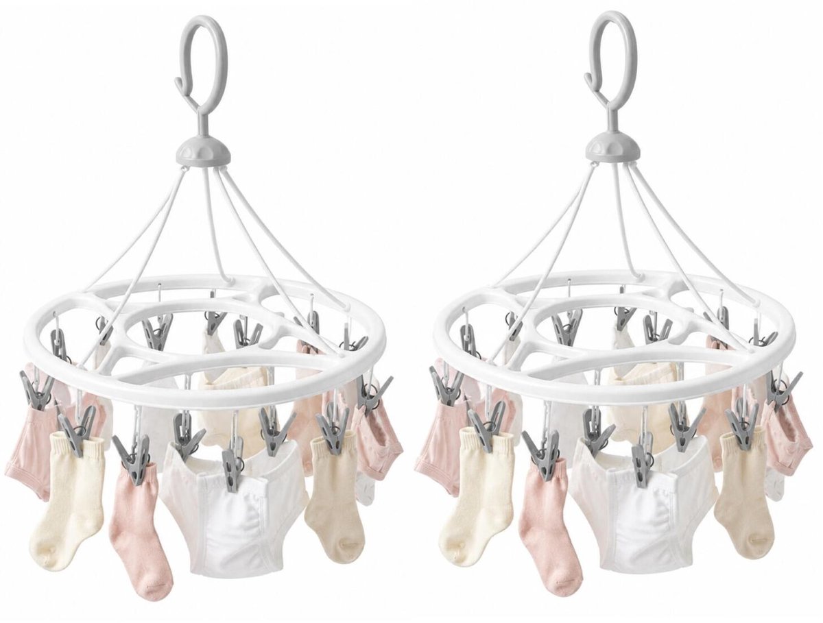 Concorde Wasgoed droogcarrousel droogmolen - 2x - 17 mini clips / knijpers - wit/grijs - kunststof - 33 cm - sokken rekje