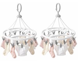 Concorde Wasgoed droogcarrousel droogmolen - 2x - 17 mini clips / knijpers - wit/grijs - kunststof - 33 cm - sokken rekje
