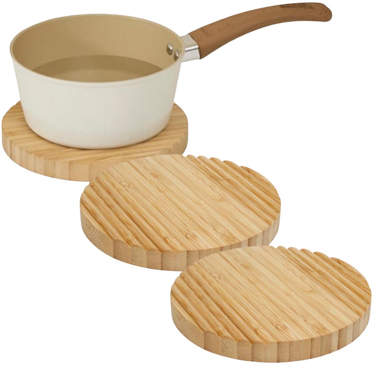 Secret de Gourmet pannen onderzetter - 3x - D18 x H2 cm - bamboe hout - extra dikke schijven - rond - Pannenonderzetter
