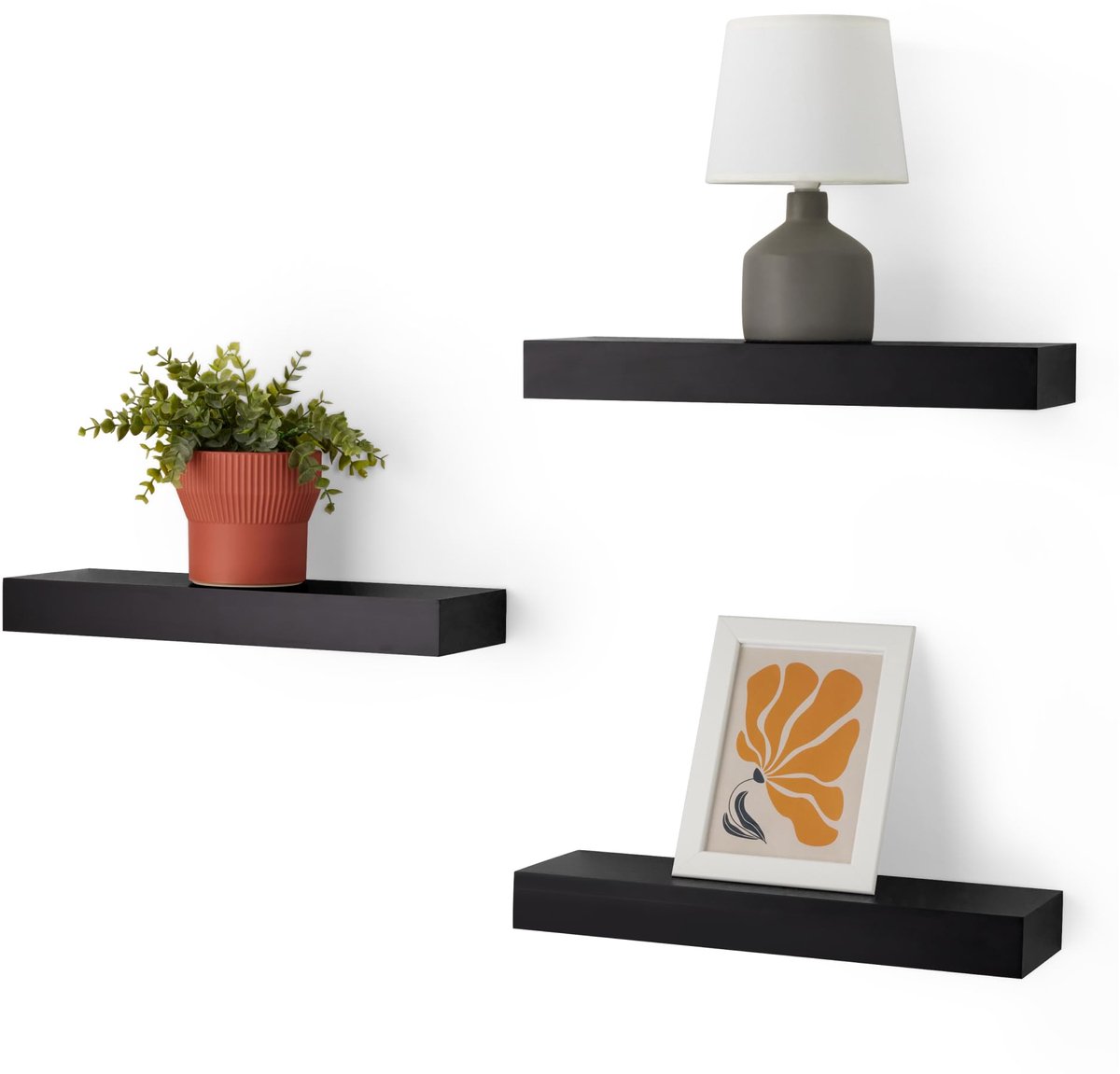 Famanu – Houten zwevende wandplanken set van 3 stuks, zwart, 40,1 x 12,7 x 4,6 cm, perfect voor decoratie en opslag in huis