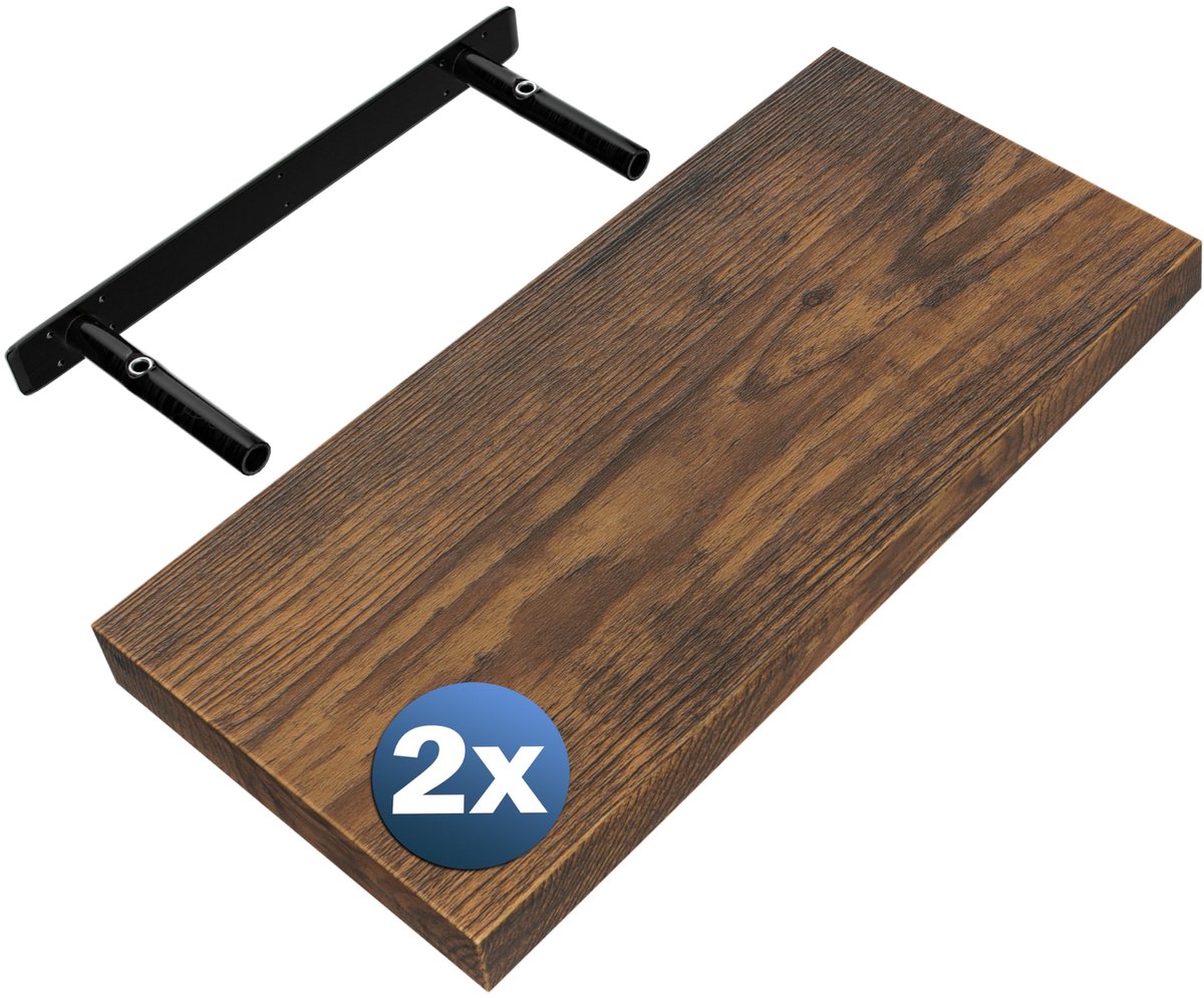 Famanu – Set van 2 houten wandplanken met bevestiging, zwevende planken met een draagkracht van 15 kg, 50 cm, donker eiken