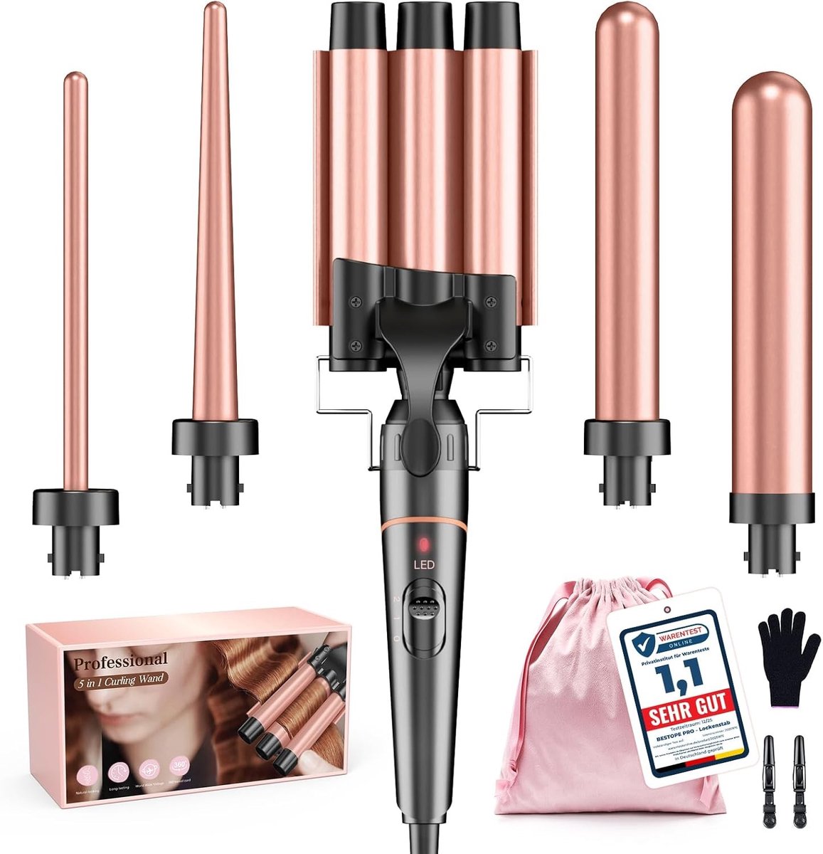 Wafeltang - Roségoud - 1 x 1 x 1 cm - 5-in-1 Keramische Krultangset voor Alle Haartypes