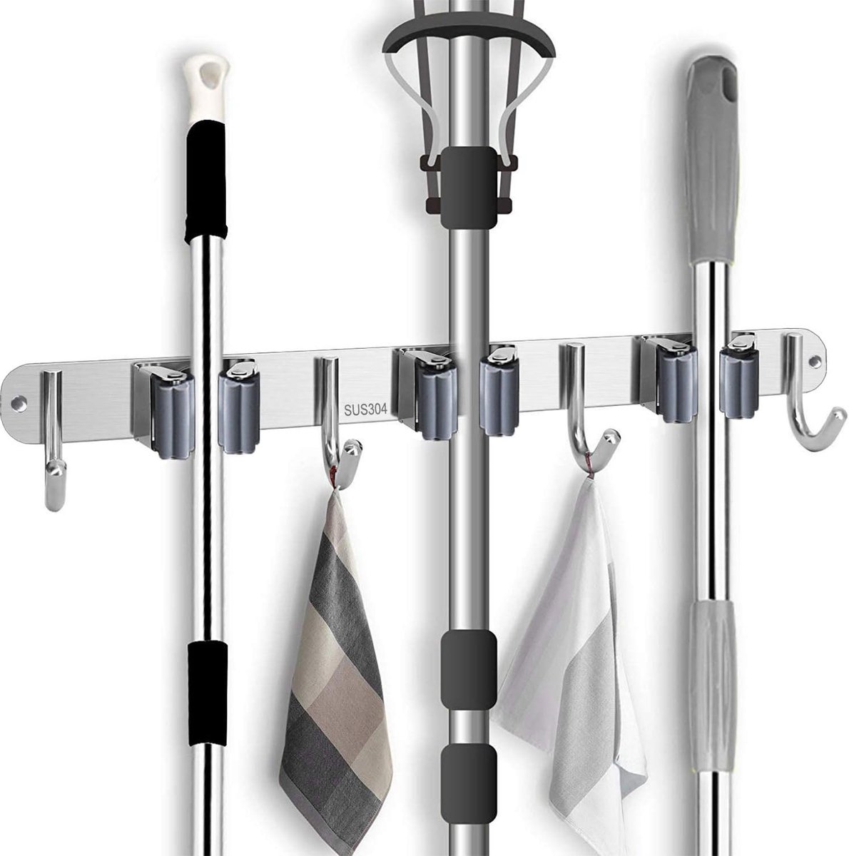 Mop broom holder Heavy Duty stainless steel wall mounted tool Organizer with 3 position 4 hooks for home bathroom - ShopVlot