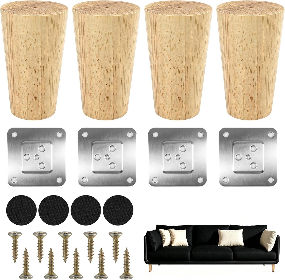 4 stuks 8 cm Meubelpoeten in massief hout, Meubelpoeten in hout, Kegelvoet in natuurhout, voor banken, fauteuils - ShopVlot
