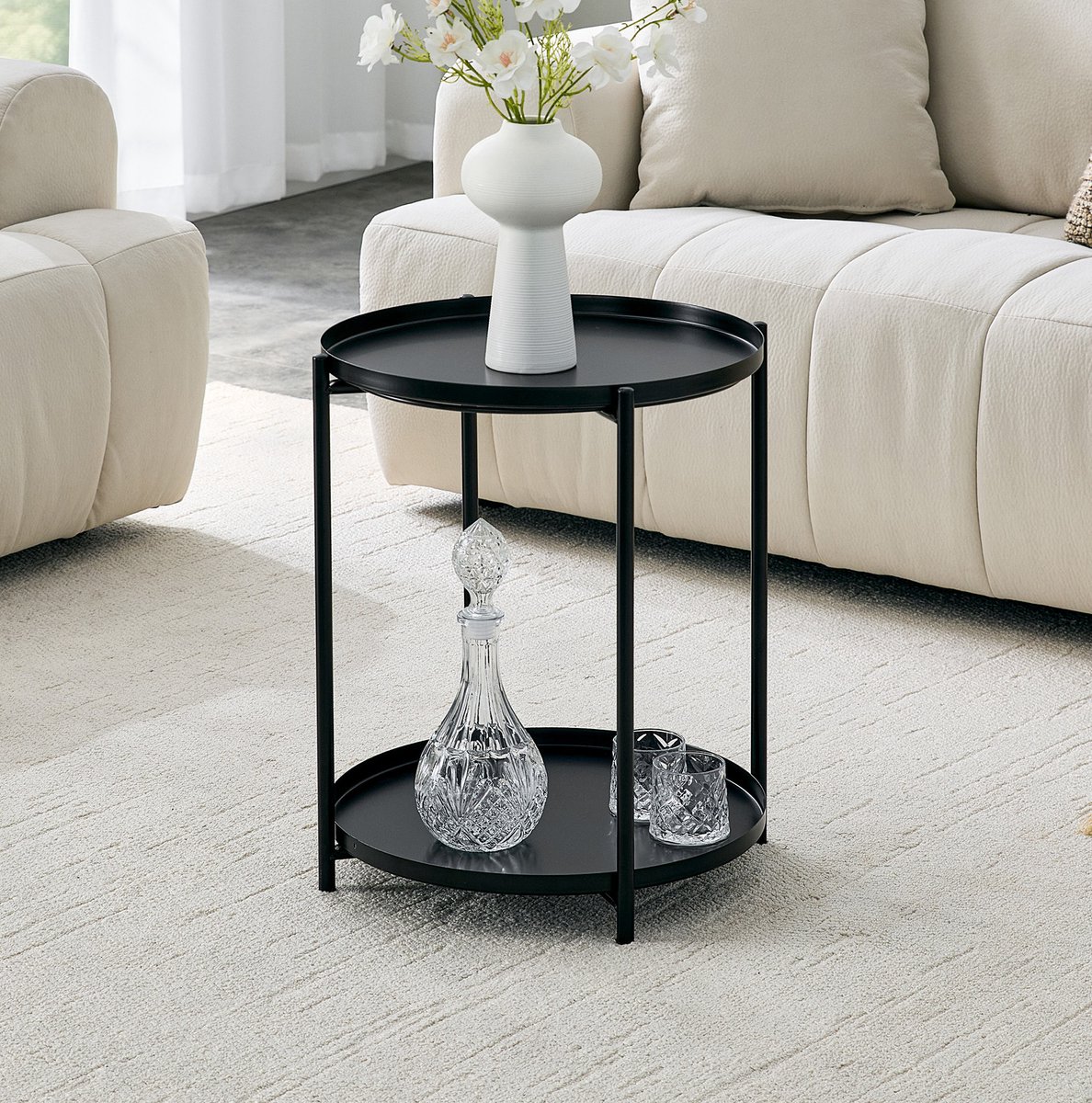 MODENUIT Bijzettafel - Rond 2 Etages Met Metalen Frame - Voor Woonkamer En Slaapkamer - Zwart - 42x52 Cm