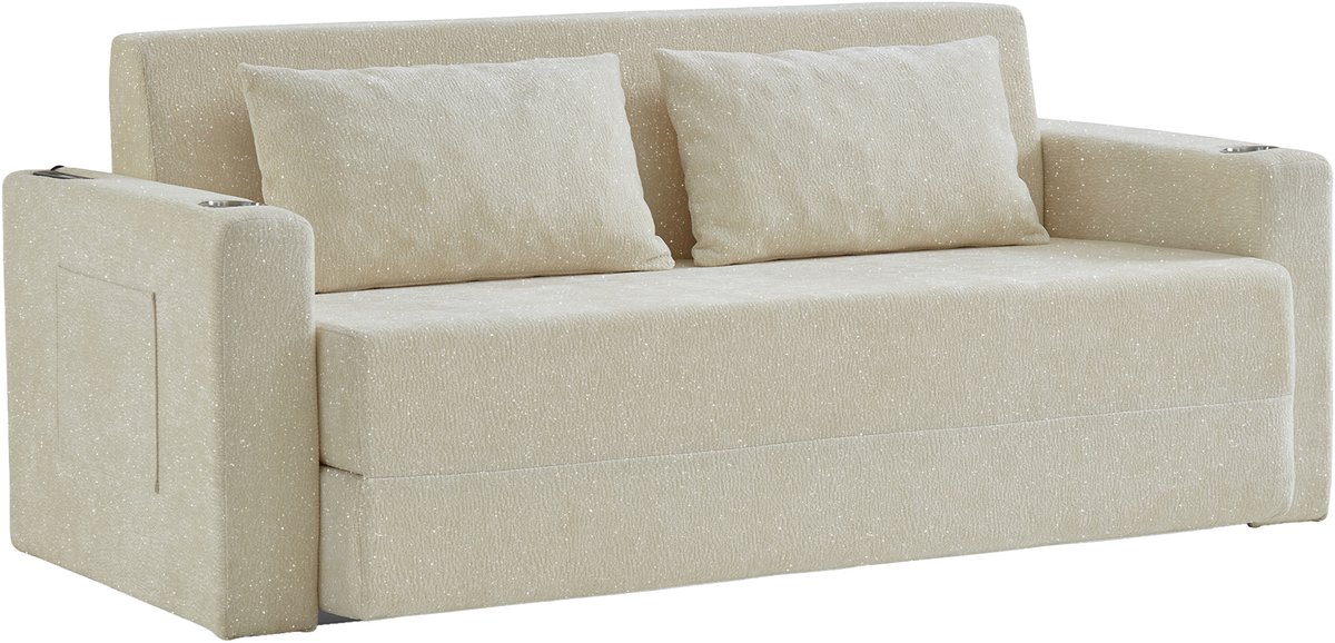 HAUSS SPOLE Slaapbank - 2-Zits - Opvouwbaar 2-In-1 Met USB, Bekerhouders En Zijvakken - Voor Woonkamer En Appartement - Chenille - Beige
