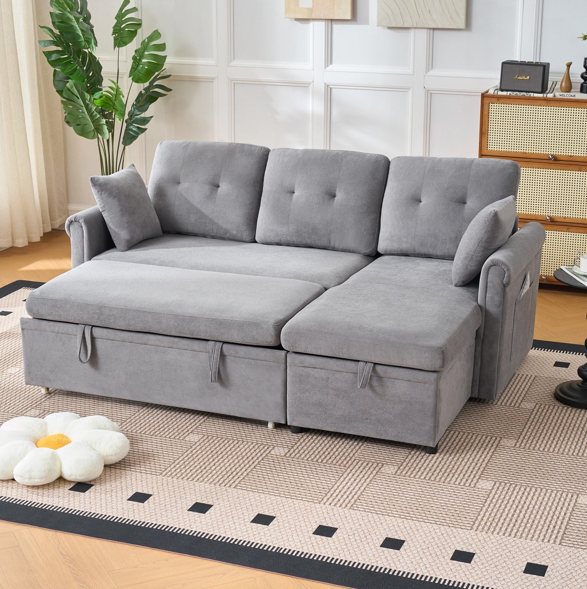 Hoekbank Slaapbank Met Opbergruimte - Reversibel L Vorm - Met Bedfunctie En Zijvak - Voor Woonkamer En Gastenkamer - Chenille Grijs