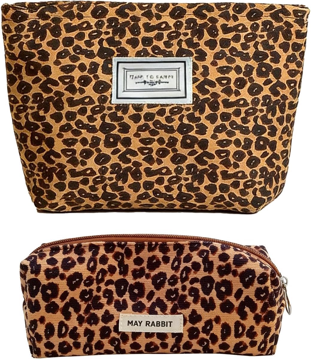 2 Pieces Leopard Pattern Cosmetic Bag Pencil Case Stationery Organizer with Metal Zip Makeup Bag Travel Makeup Bag for - ShopVlot