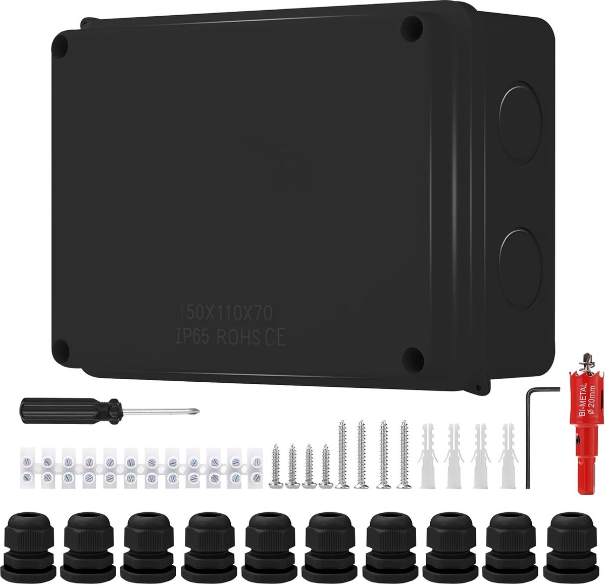 Outdoor waterproof Junction box IP65, 150 x 110 x 70 mm, M20, Cable Ø6-12 mm, Black - ShopVlot