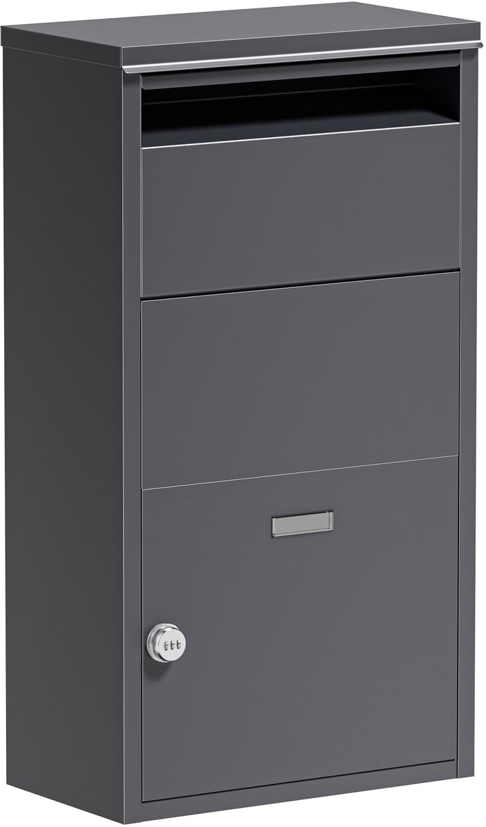 Famanu – Pakketbus antraciet, 410 x 220 x 750 mm, staande brievenbus van staal voor thuis, geschikt voor het ontvangen van pakketten en pakketjes