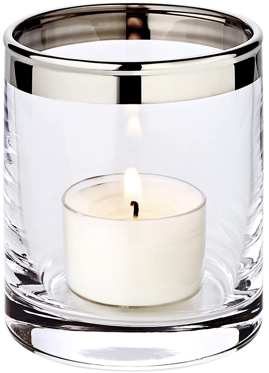 Famanu Windlicht van handgeblazen glas met platina rand, hoogte 8 cm en diameter 7 cm, geschikt voor theelichtjes of maxi theelichtjes. Een veelzijdige en handige keuze voor dagelijks gebruik in en om het huis. Zwart