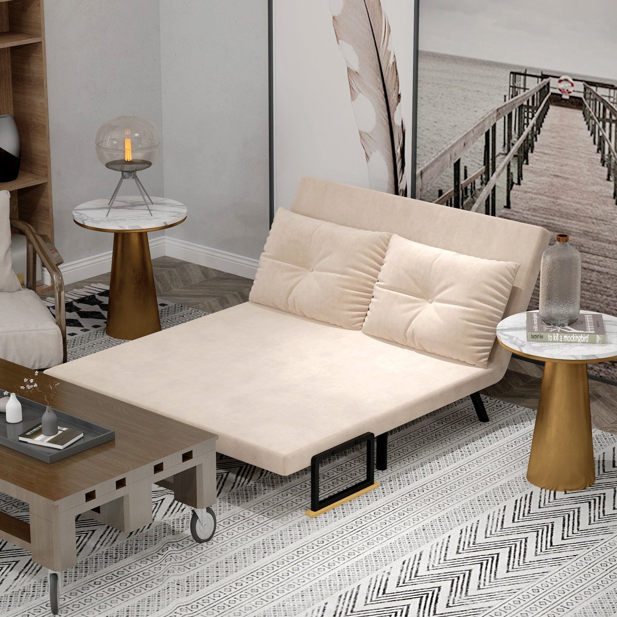 DESMIU Slaapbank 102 x 73 x 81 cm Verstelbare Rugleuning Met Bedfunctie Voor Woonkamer En Kleine Ruimtes Polyester Beige
