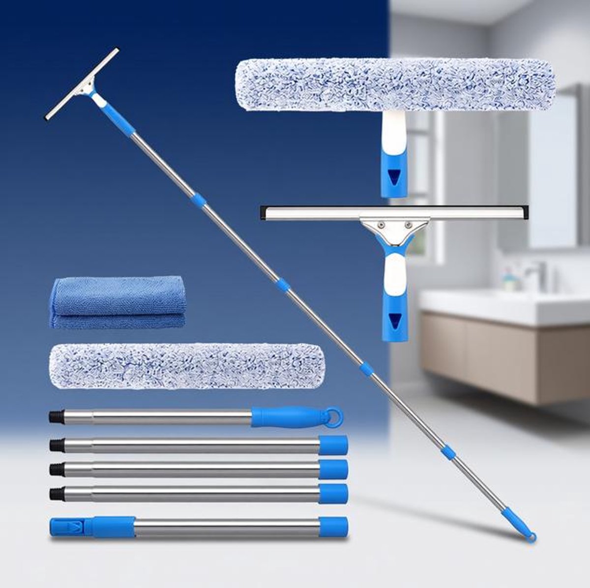 Professionele Raamwisser Set met Uitschuifbare Steel tot 196 cm, Siliconen Raamtrekker 35 cm, Microvezel Schrobber en Doek - Streepvrij voor Ramen, Douche en Auto