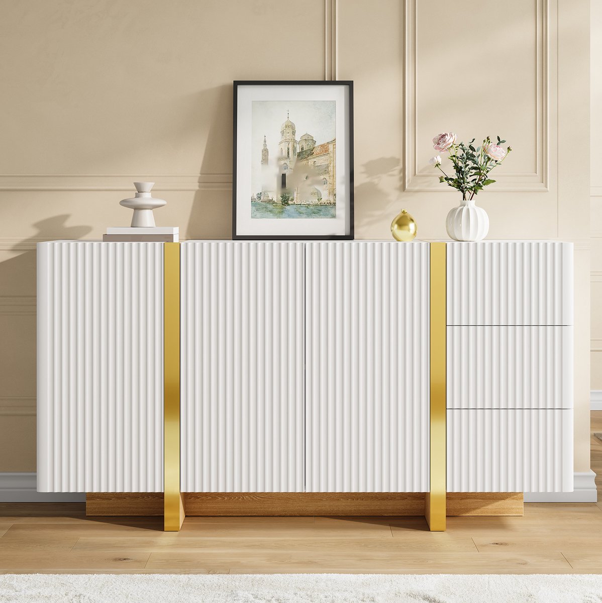 MIVRAY Dressoir - Geribbelde Front Met 3 Deuren En 3 Lades - Voor Woonkamer, Eetkamer En Hal - MDF En Spaanplaat - Wit - 140x36x75 Cm