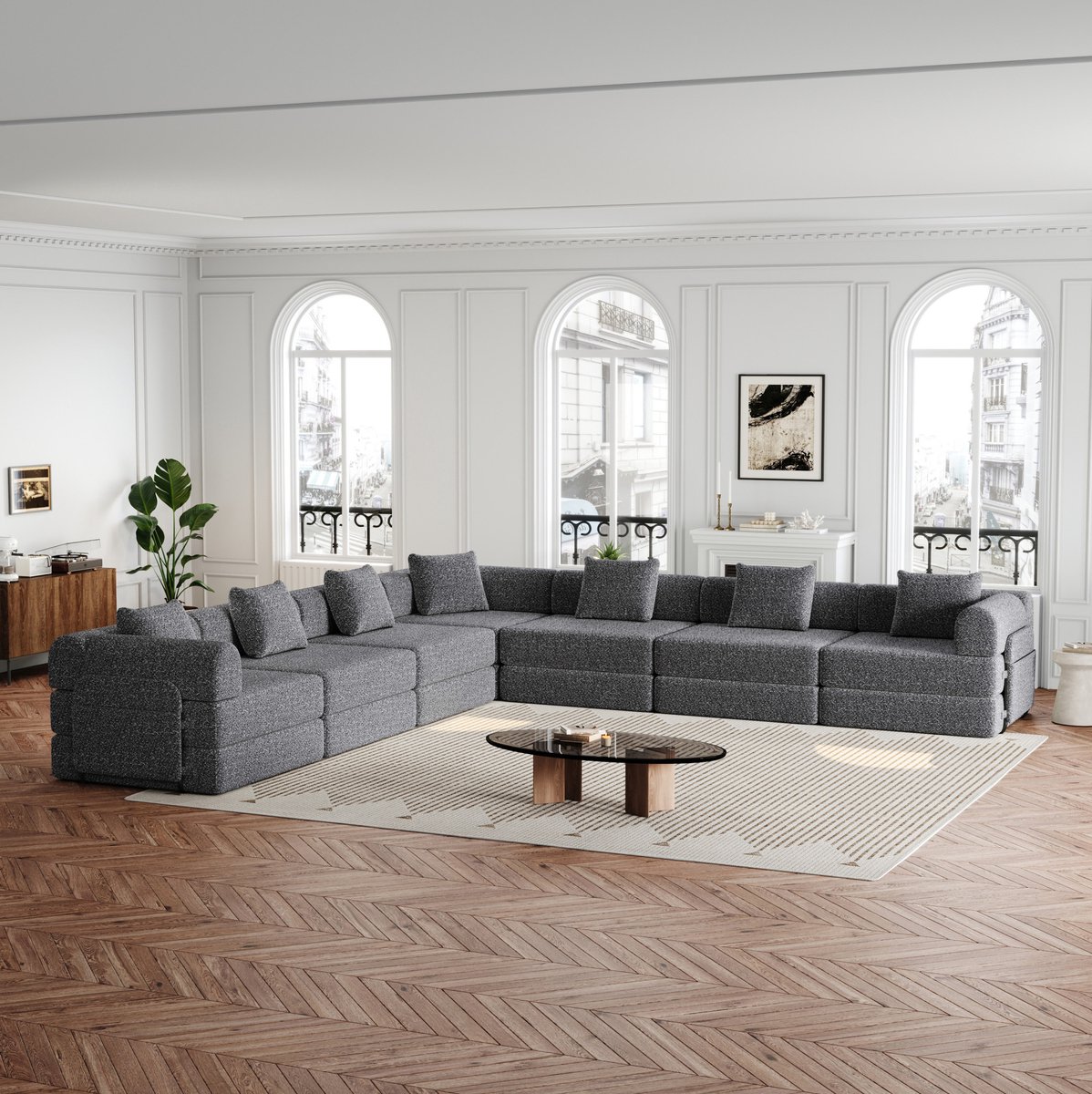 DESMIU Slaapbank - Modulaire Hoekbank 6-Zits - Twee In Een Met Opbergruimte In Armleuning En Metalen Frame - Voor Woonkamer - Chenille - Grijs