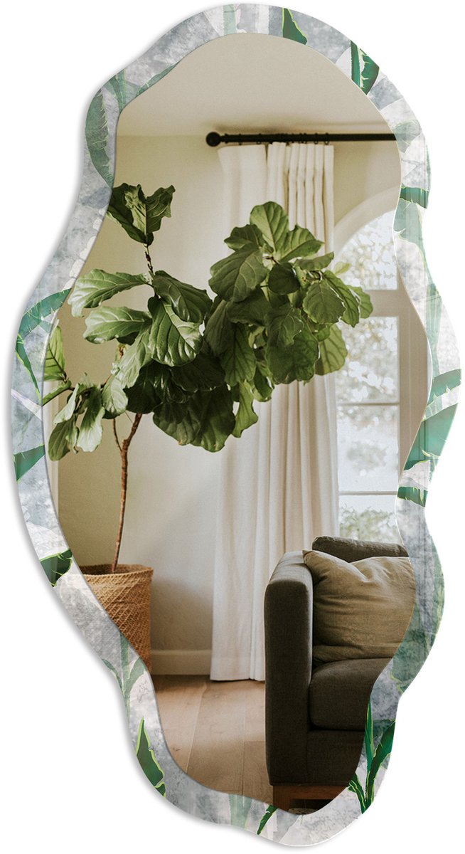TULUP Groene Bladeren Spiegel - Groen Rechthoekige Spiegel Met Modern Design - Organische Spiegel - Badkamer, Woonkamer, Slaapkamer - Aquarel - 45x90 cm - Totale afmeting 52x97 cm Groene Bladeren, Groen