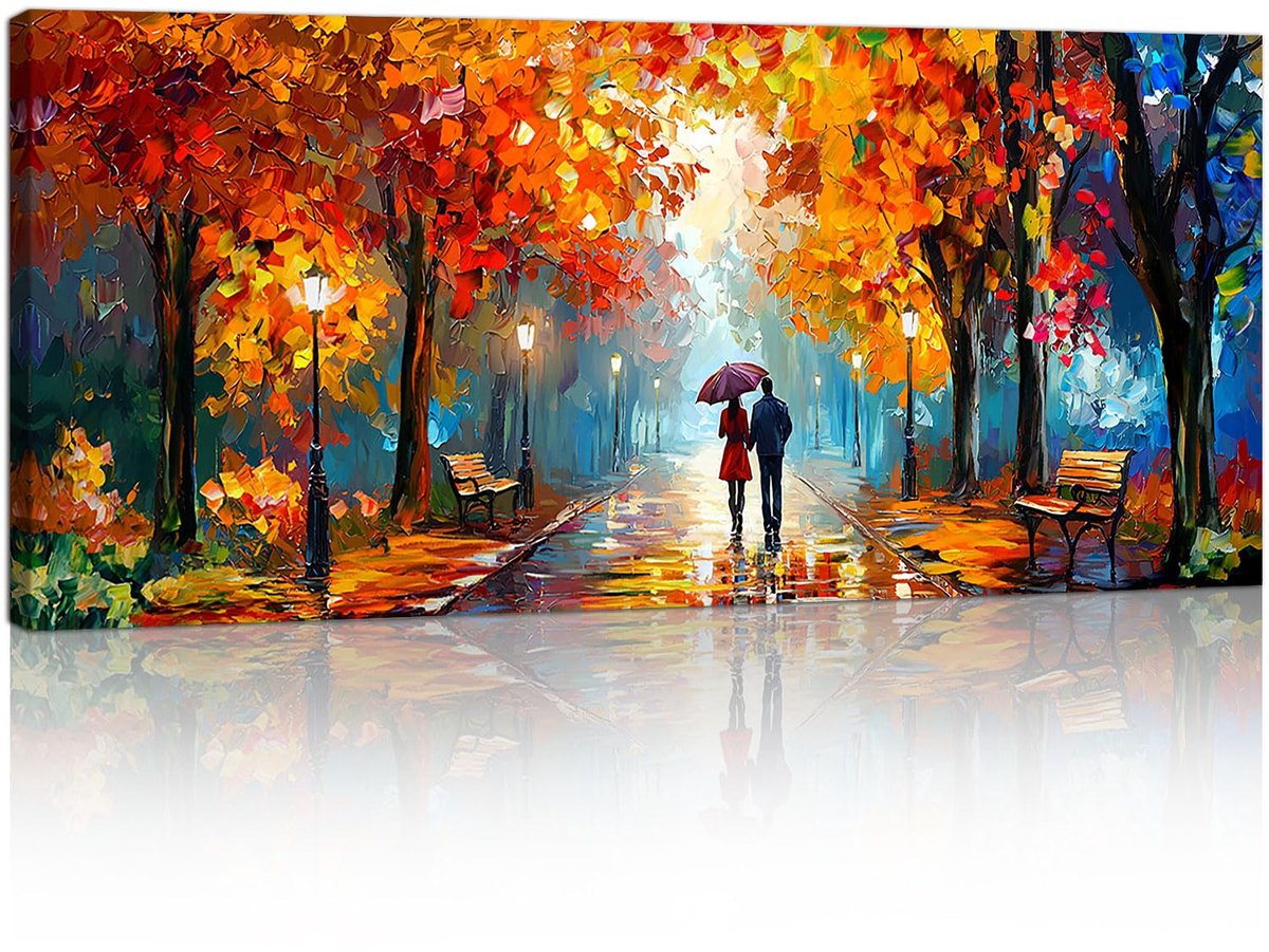 Famanu – Groot framed canvas muurkunst met abstracte boom, oranje en rode herfstpark schilderij, wanddecoratie voor woonkamer en slaapkamer, klaar om op te hangen, 50 x 120 cm