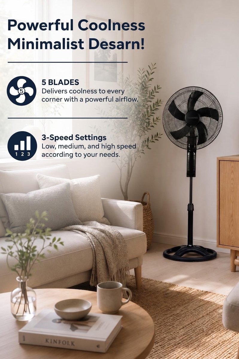 Opviq Kumtel Krachtige ventilator, zwart, 60 W, 50 x 50 x 145 cm, 90° oscillatie, 3 snelheden, geluidsarm, in hoogte - ShopVlot