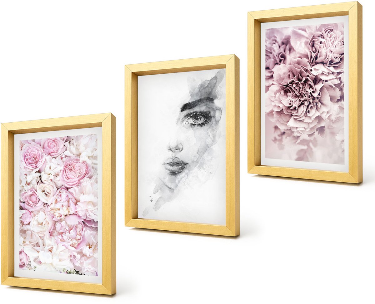 Coloray 4-Delige Schilderij Set - Delicate Peonies Zwart-wit Portret van een vrouw - 20 x 30 cm - Muurdecoratie - Interieur Decoratie