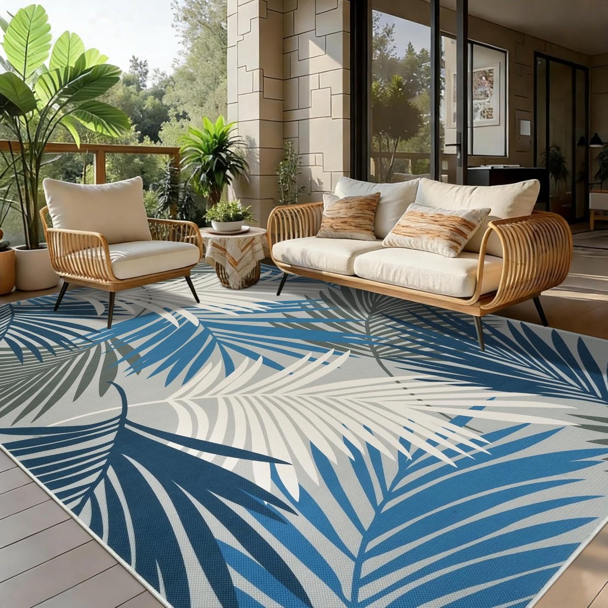 Cekene Washable Living Room Rug 160 x 230 cm Blue Non-Slip Indoor Outdoor Tropics Flat Fabric Rug for Garden, Patio - ShopVlot