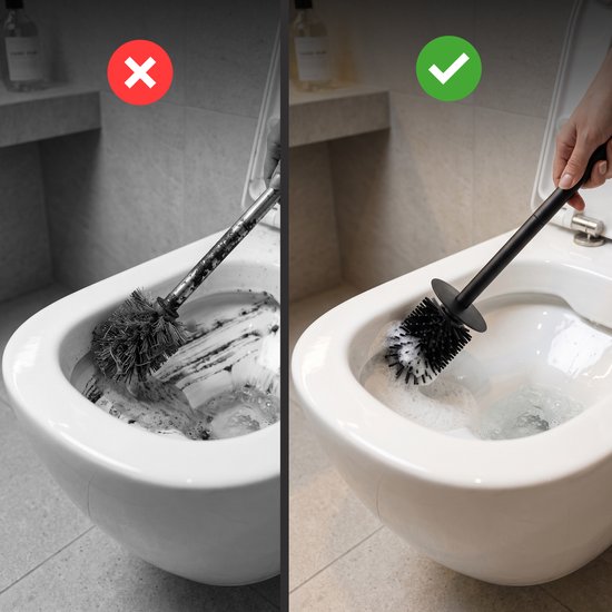 Vergelijking van een oude, vieze toiletborstel met een nieuwe, zwarte siliconen borstel.