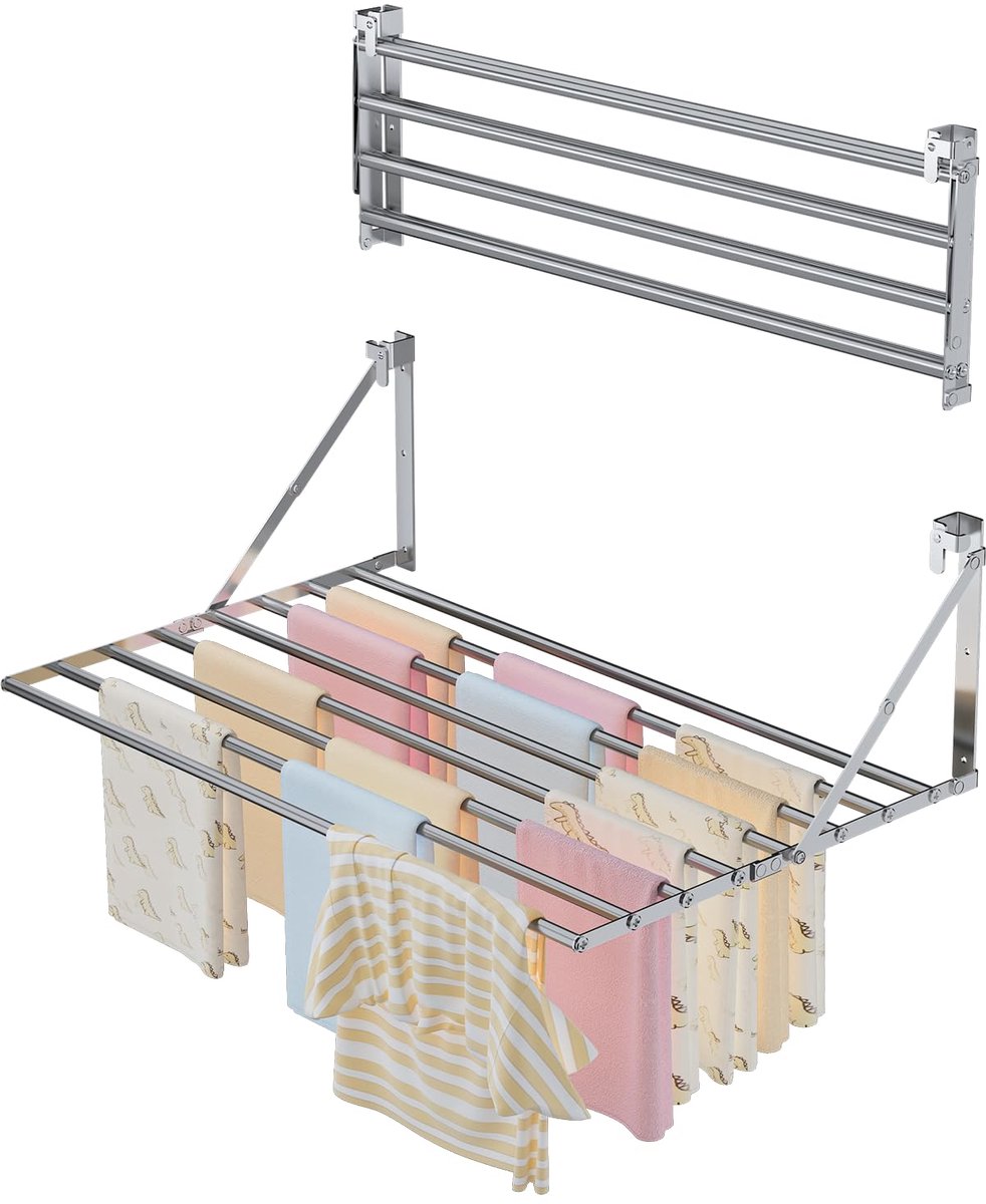 Famanu – Opvouwbaar muur droogrek van 80 cm, roestvrij outdoor wasrek met 8 stangen, ruimtebesparend voor buiten, badkamer en balkon