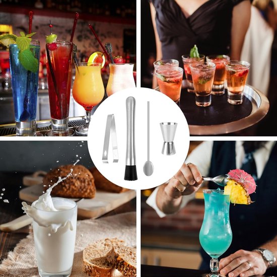 QUOVO® IJscrusher - Roestvrijstalen Cocktail Stamper met Cocktaillepel - Barman Set - Mojito Stamper - IJsvergruizer - Stamper - Shaker met Maatbeker - Bar Accessoires voor Keuken - Restaurant - Zilver - 22cm x 15cm x 4cm van Quovo — afbeelding 4