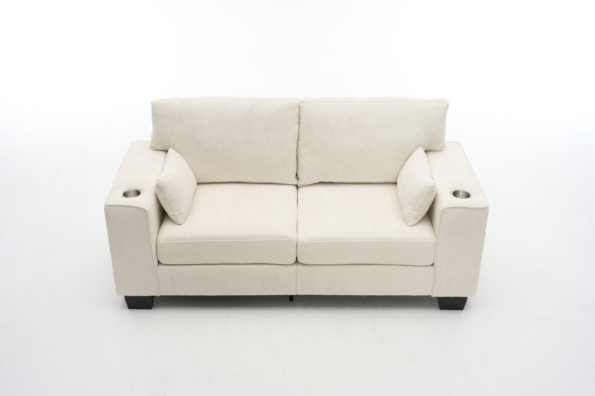 Merax Tweezitsbank - 182 cm - Beige Chenillestof - 53 cm Diepe Zit - Bekerhouders - Zijvakken - Veerondersteunde Zitkussens