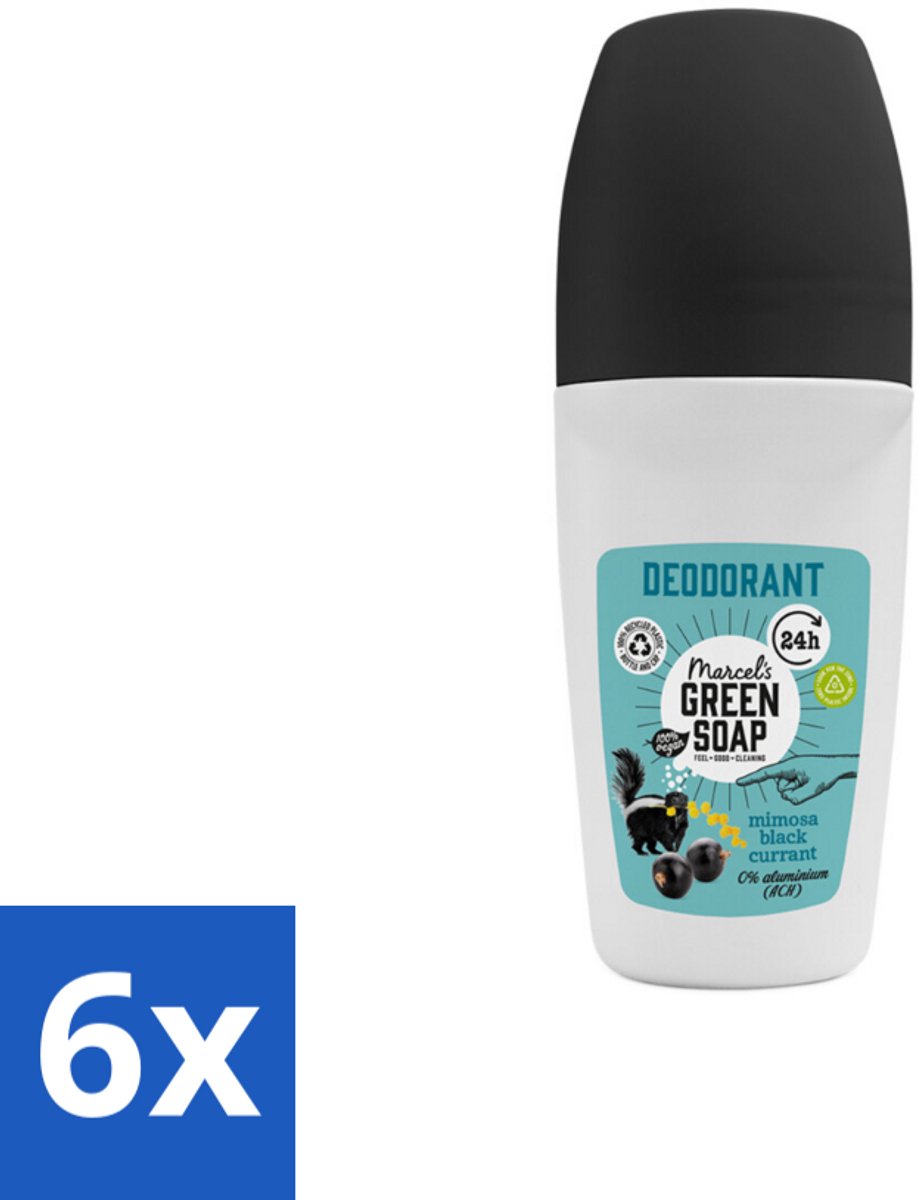 6 x Marcel's Green Soap - Deodorant Roller - Mimosa & Blackcurrant - Langdurige frisheid - 50 ml - Deodorant - Natuurlijke Deodorant - Aluminiumvrije Deodorant - Vegan Deodorant - Duurzame Deodorant
