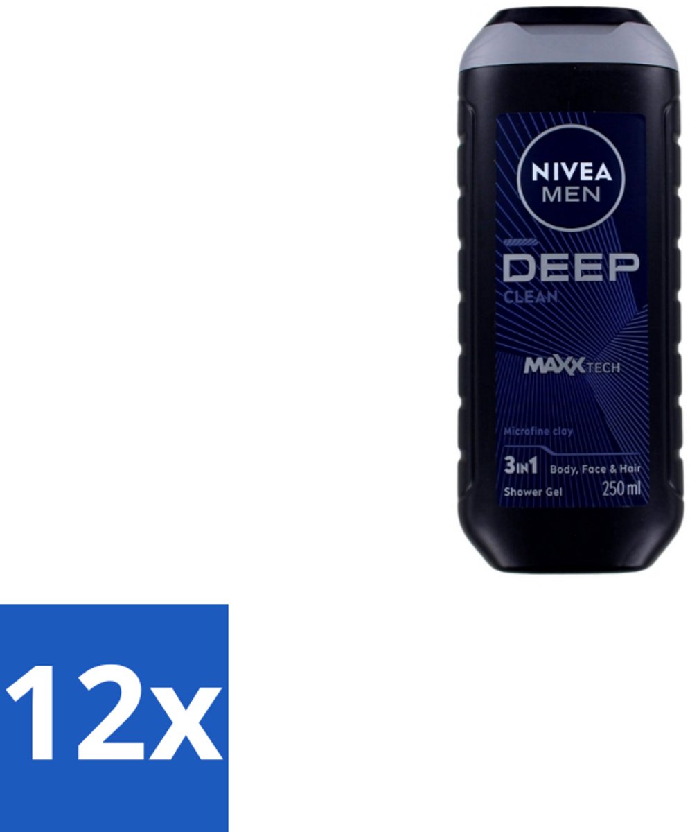 12 x NIVEA MEN - Douchegel - Deep Clean - 250 ml - Diepe Reiniging - Lichaam - Gezicht - Haar - Microfijne Klei