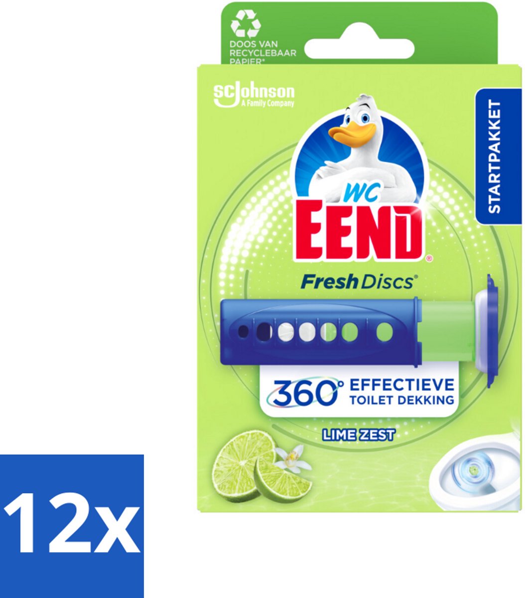 12 x WC Eend - Fresh Discs Lime Zest - Toiletgel - Hygiënisch & Fris tot 7,5 Weken - 36 ml - Toilet Schoonmaak - Toilet Reiniging - Toilet Fris - Toilet Geur - Toiletblokken
