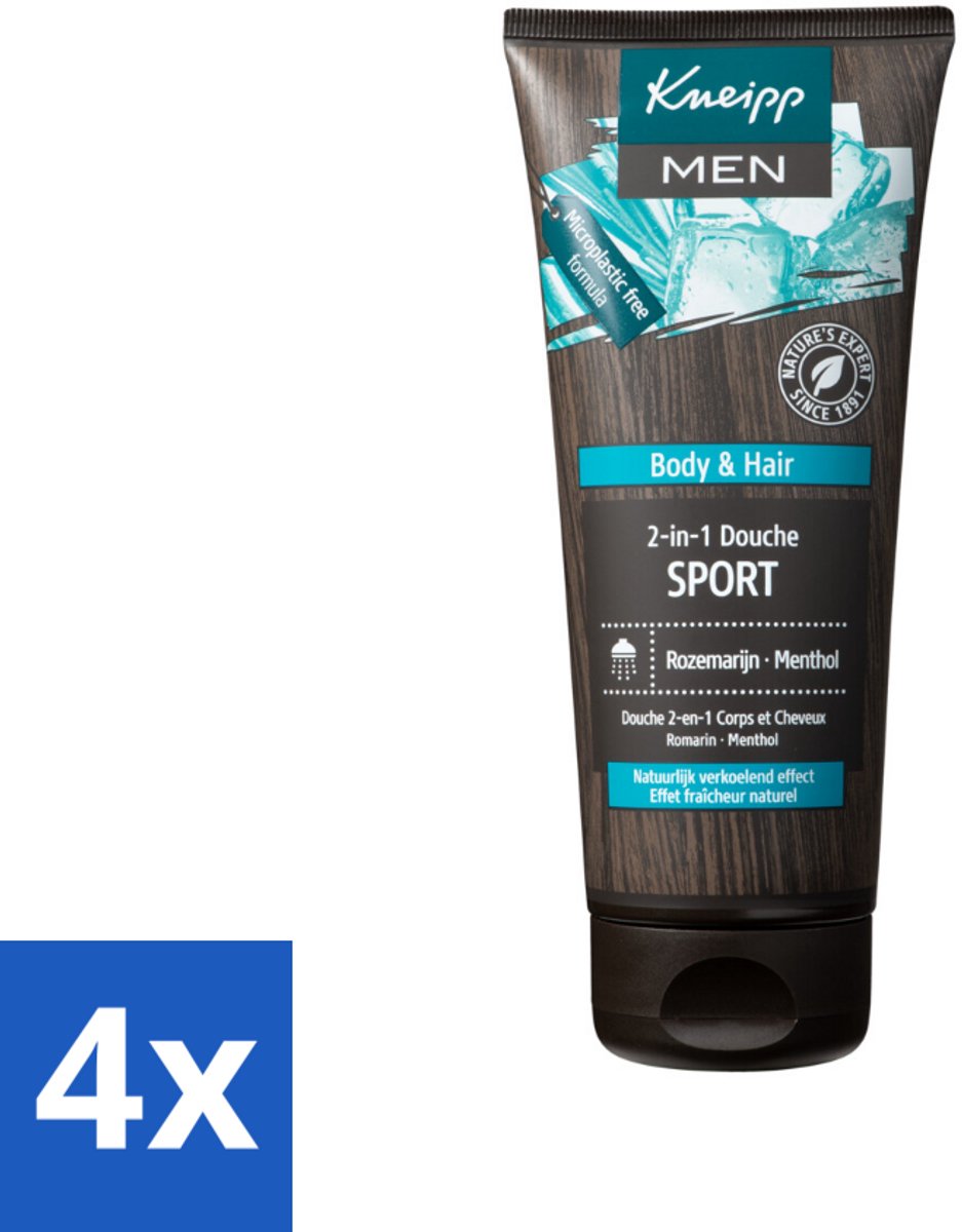 4 x Kneipp - Sport Douche 2‑in‑1 - Men - 200 ml - Sportdouche - Verkoelende Douche - Mannen Douche - Menthol Douche - Rozemarijn Douche