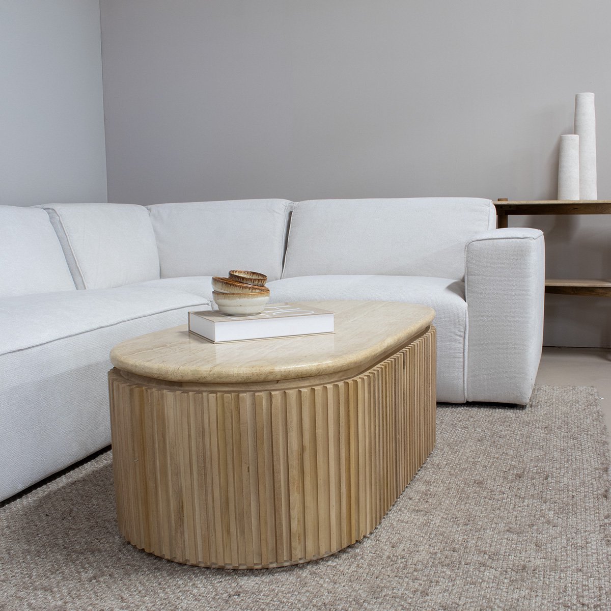 Giga Meubel Salontafel Sven Ovaal - Travertin/Hout - Naturel - 120x60x40cm