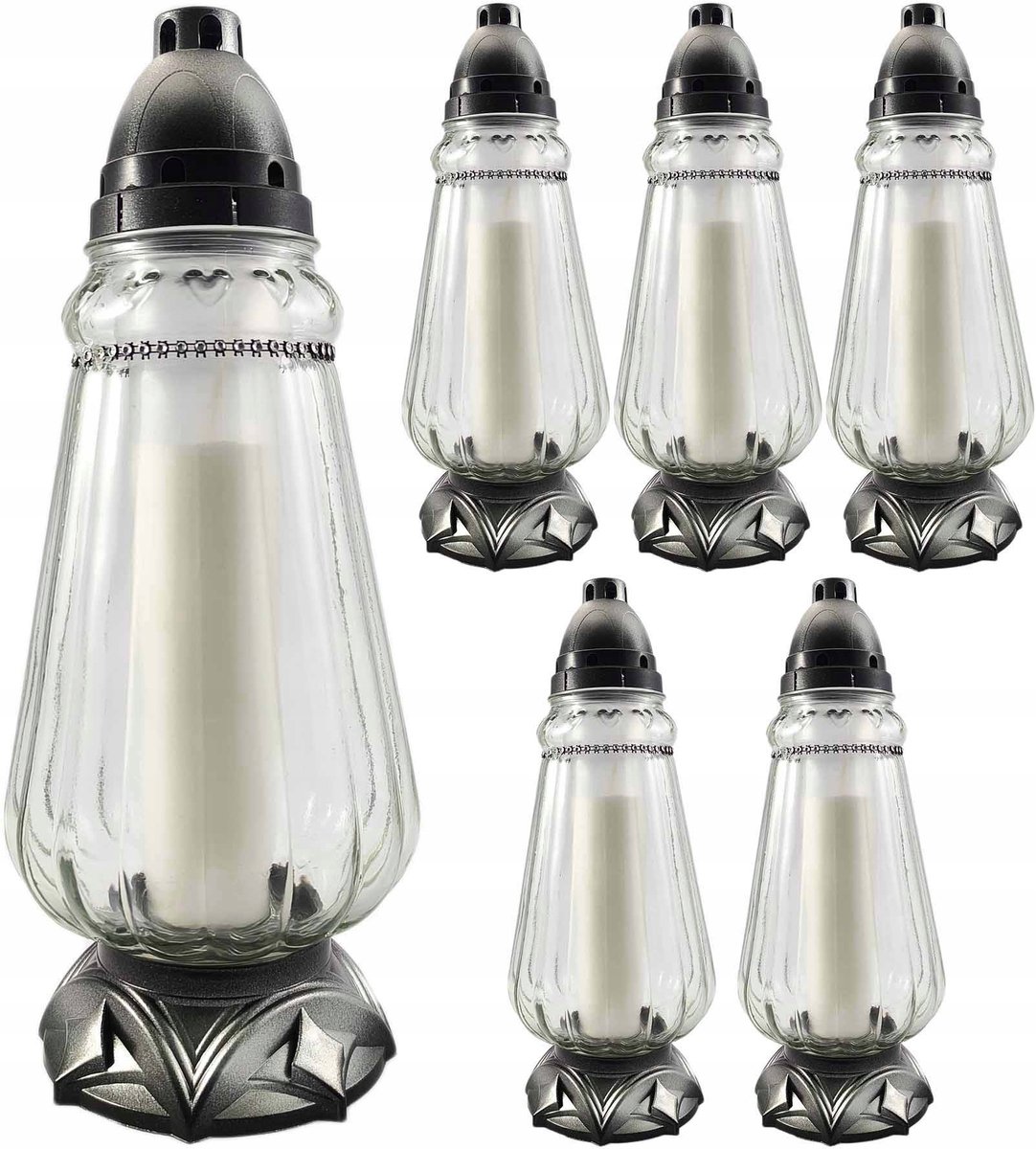 Set van 6 glazen graflichten, zilverkleurig, 35cm hoog