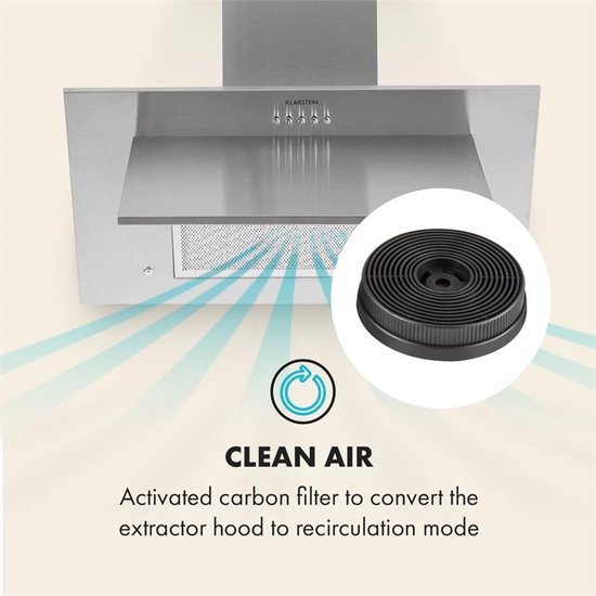 Roestvrijstalen afzuigkap met een geactiveerd koolfilter voor recirculatie.