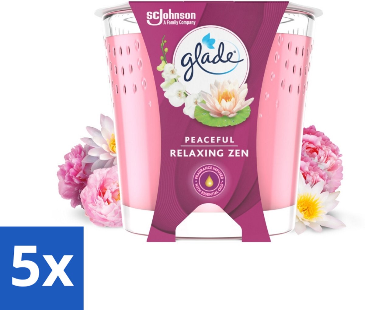 5 x Glade - Geurkaars Relaxing Zen - 100% Raapzaadwas - 112 g - Geurkaars - Rust - Calm - Zen - Appel