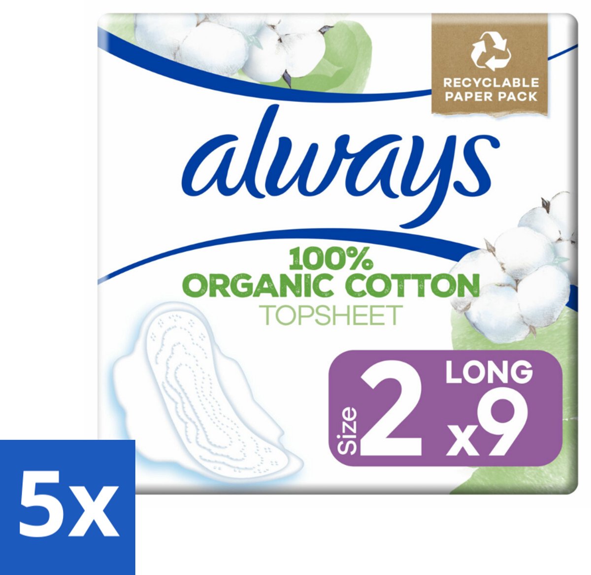 5 x Always - Maandverband - Long - Cotton Protection - Met Vleugels - 9 Maandverband - Maandverband - Katoen - Bescherming - Menstruatie - Vleugels