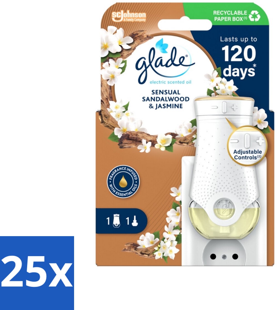 25 x Glade - Houder Elektrische Olie - Sensual Sandelhout Jasmijn - Elektrische Geurhouder - Geurhoudende Olie - Geurverspreider - Sandelhout Jasmijn - Warme Geur