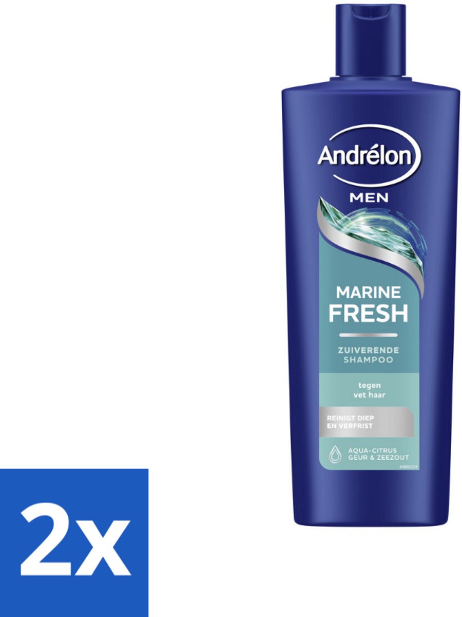 2 x Andrélon – Shampoo – Marine Fresh Men – 400 ml - Mannelijk Haar Reinigen - Vet Haar Verwijderen - Stylingresten Verwijderen - Krachtige Shampoo - Zeezout Shampoo