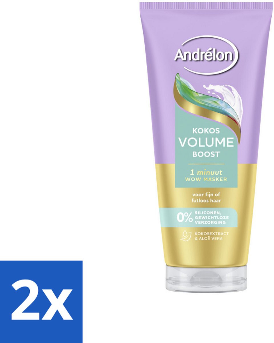 2 x Andrélon – Haarmasker WOW – Kokos Volume Boost – 180 ml - Volume Boost Haar - Fijn Haar Verzorging - Luchtig Haar - Haarmasker 1 Minuut - Kokos Volume