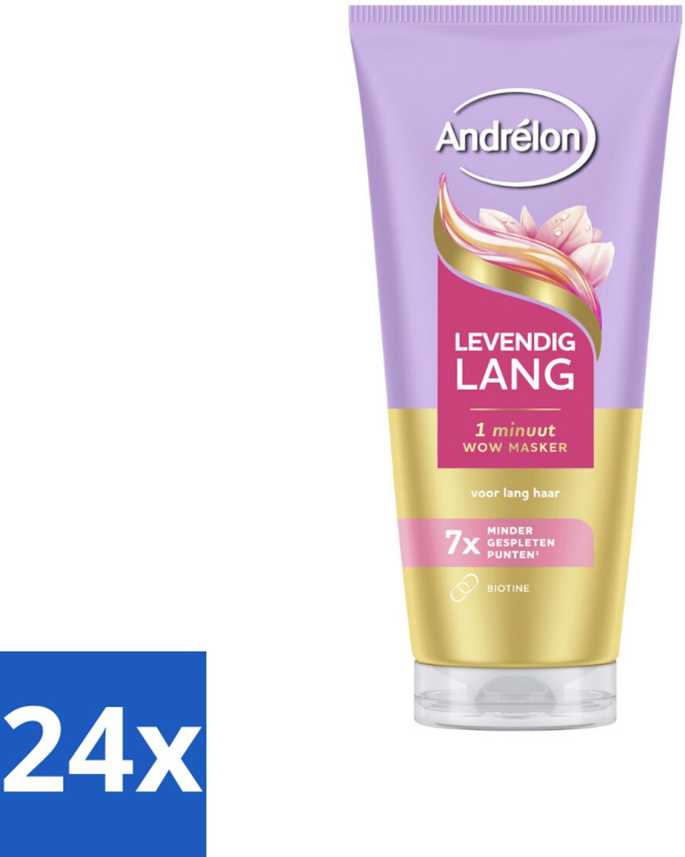 24 x Andrélon – Haarmasker WOW – Levendig Lang – 180 ml - Haarmasker - Lang Haar - Gespleten Punten - Haarversterking - Biotine