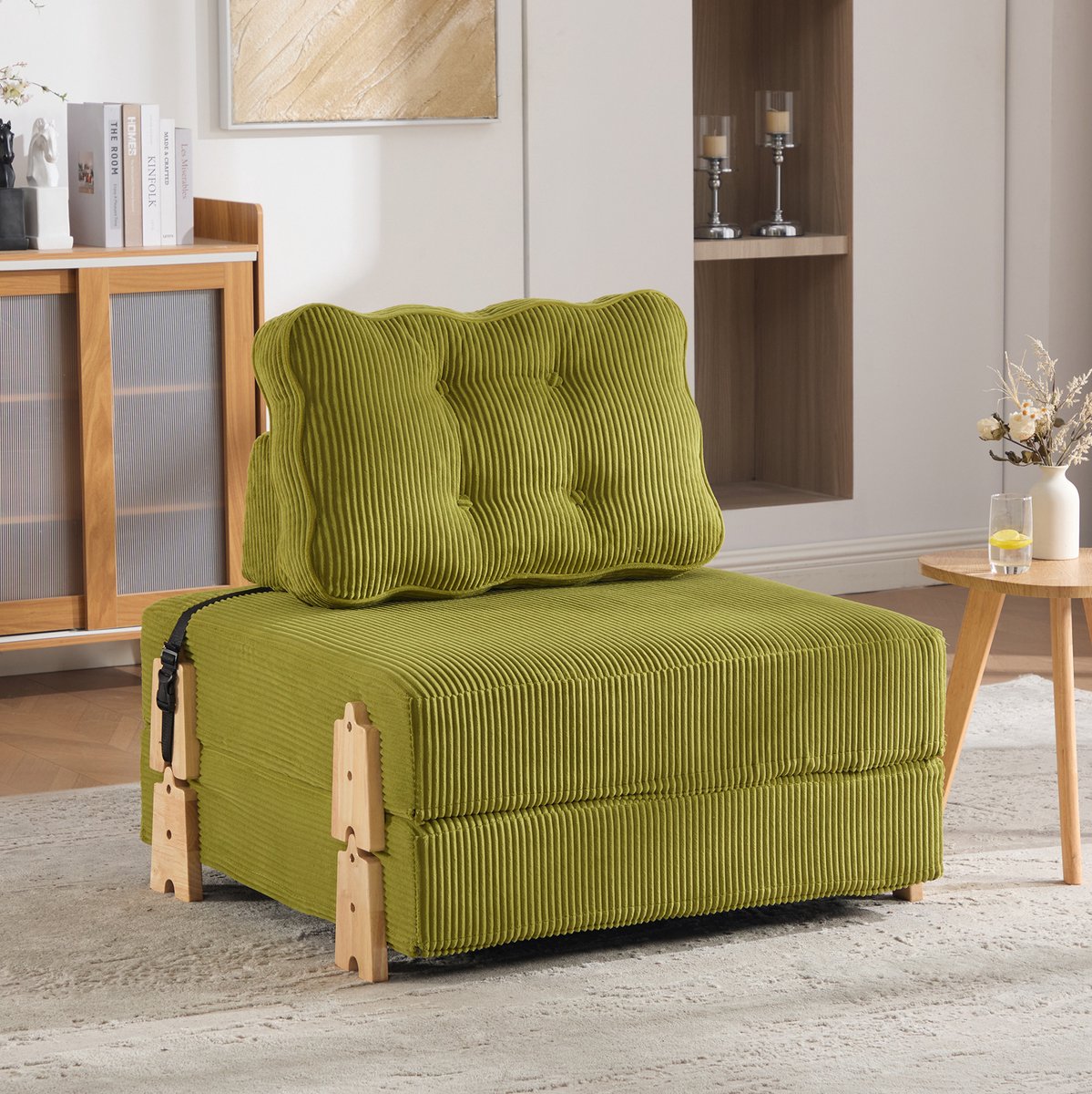 OKWISH Fauteuil 1-Zits – Uitklapbare Slaapfauteuil Met Kussens – Voor Woonkamer En Slaapkamer – Cord – Olijf Groen