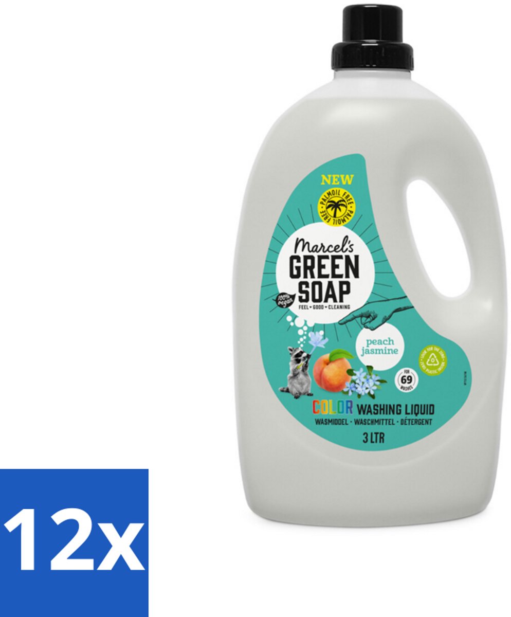 Marcel's Green Soap - Vloeibaar Wasmiddel - Kleurwas - Perzik & Jasmijn - Natuurlijk & effectief - 69 wasbeurten - 3 liter - Voordeelverpakking - 12 stuks