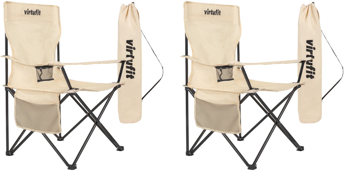 VirtuFit Opvouwbare Camping Stoel - Set van 2 - Strandstoel met Armsteunen - Beige - Inclusief Draagtassen - Voor Festivals, Campings & Stranden