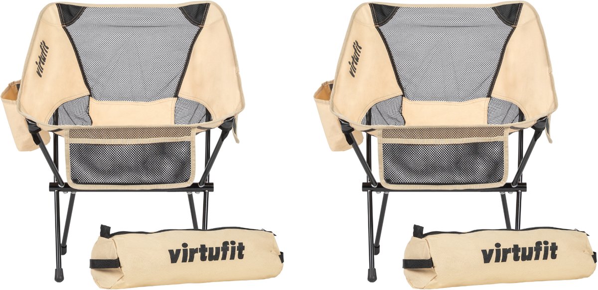 VirtuFit Camping Stoel Compact - Set van 2 - Strandstoel met Armsteunen -Beige - Inklapbaar - Inclusief Draagtassen - Voor Festivals, Campings & Stranden